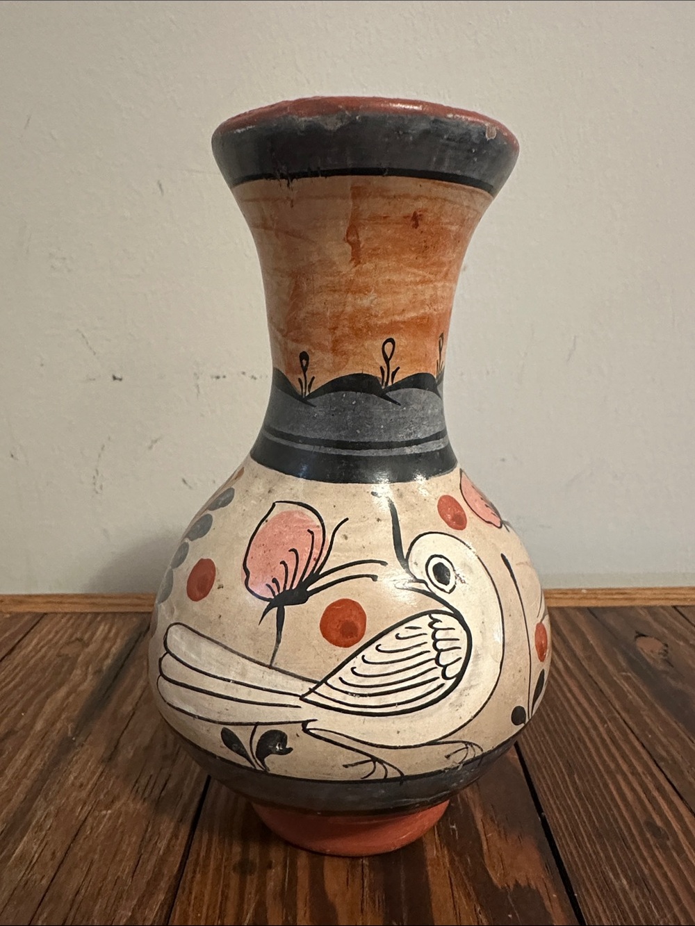 Tonala  vintage Mexican Hand-Painted Pottery Floral Vase in Blue and Terracotta